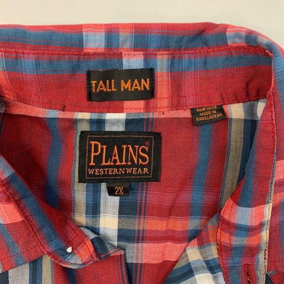 Plains Western Shirt Mens 2X Tall Red Plaid Pearl Snap Lightweight Short Sleeve - Picture 3 of 9